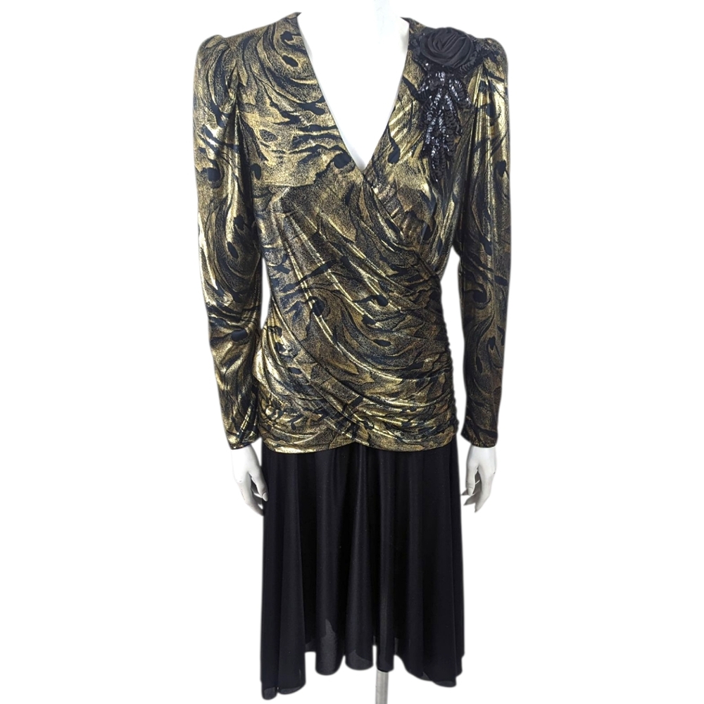 Vintage 80s Metallic Gold Party Dress Cocktail Party Evening Glam Disco Medium